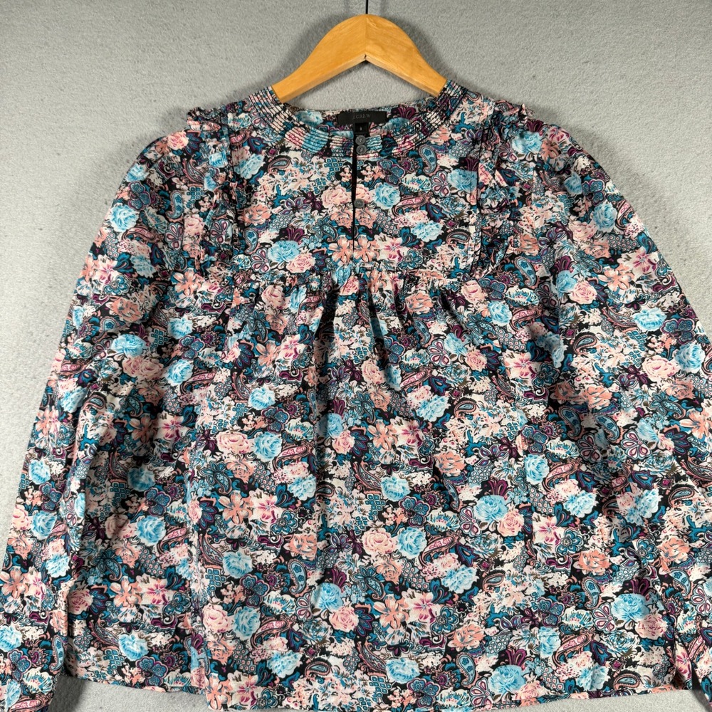 JCrew Womens Small Cotton Silk Floral Paisley Smocked Blouse Blue Pink Black
